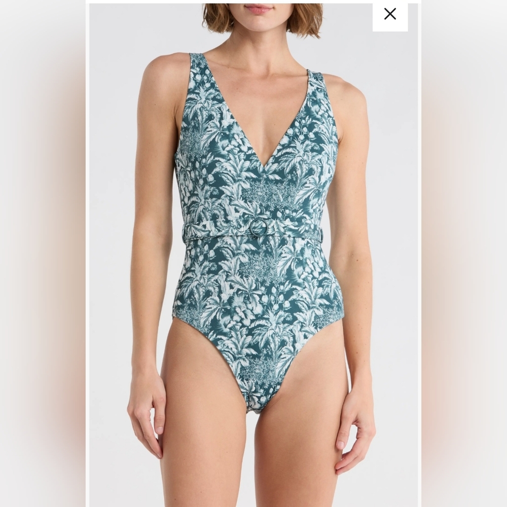 Onia Teal and White Tropical-Print One-Piece with Waist Belt